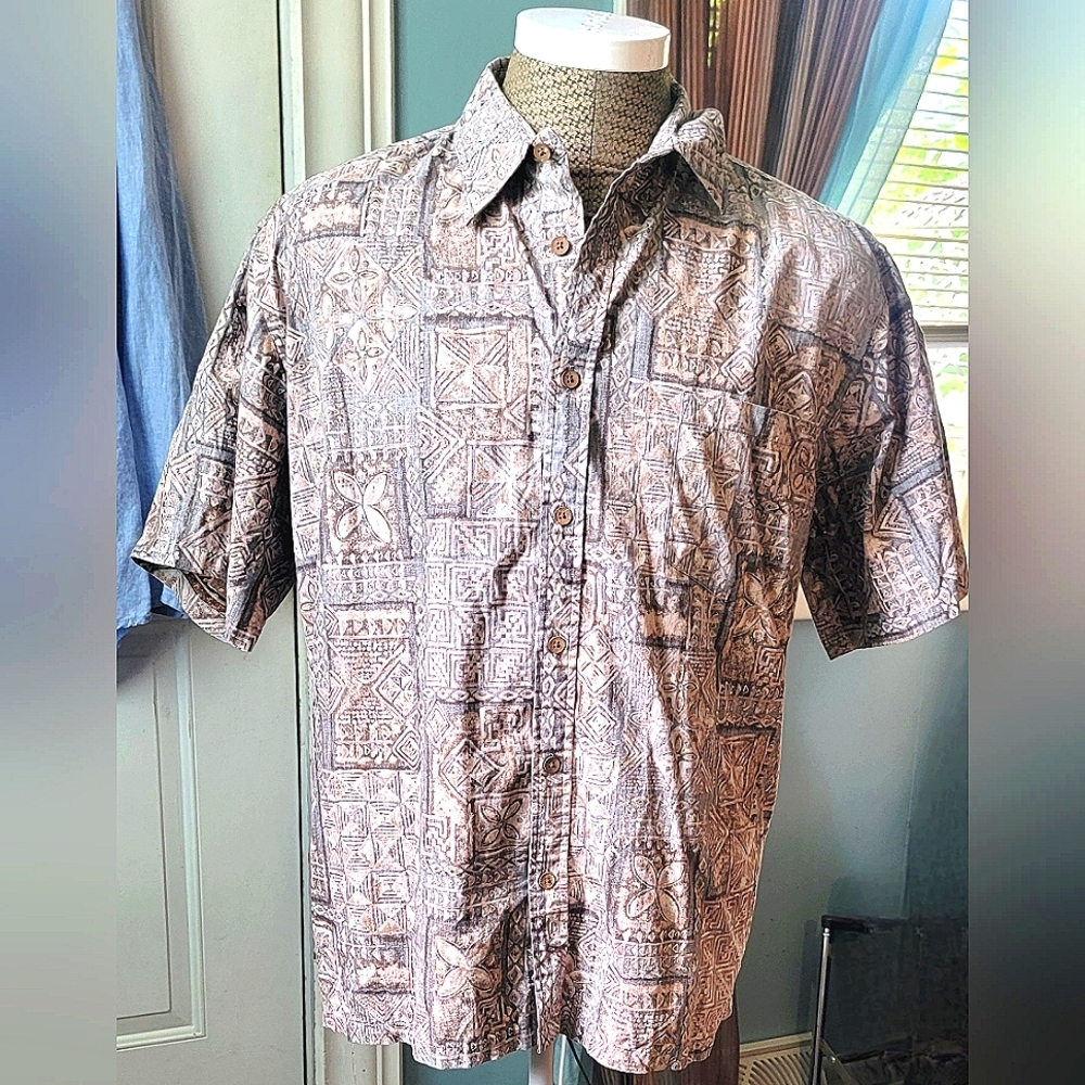 Vintg 90's Cookie Street Hawaiian Shirt Men's XL Brown Tan & Blue Tribal Tropica